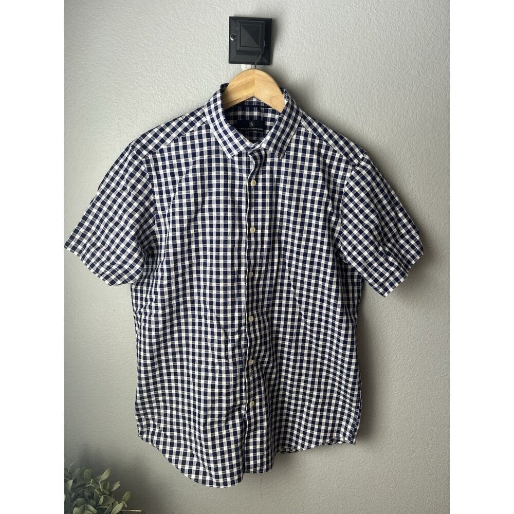 Hart Schaffner Marx Button Up Short Sleeve Navy Blue Gingham Shirt Size Large